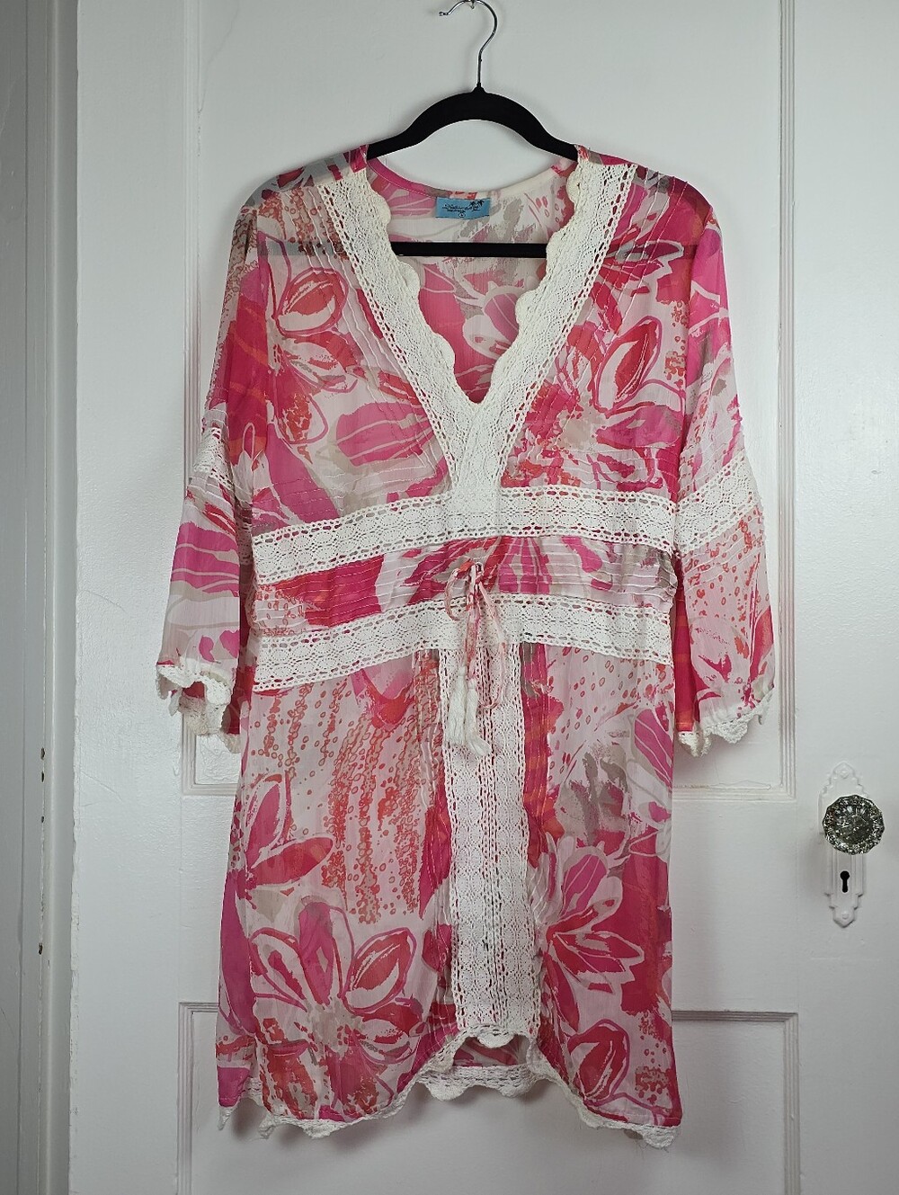 LeTarte Pink Handmade Boho Crochet Swimsuit Coverup M